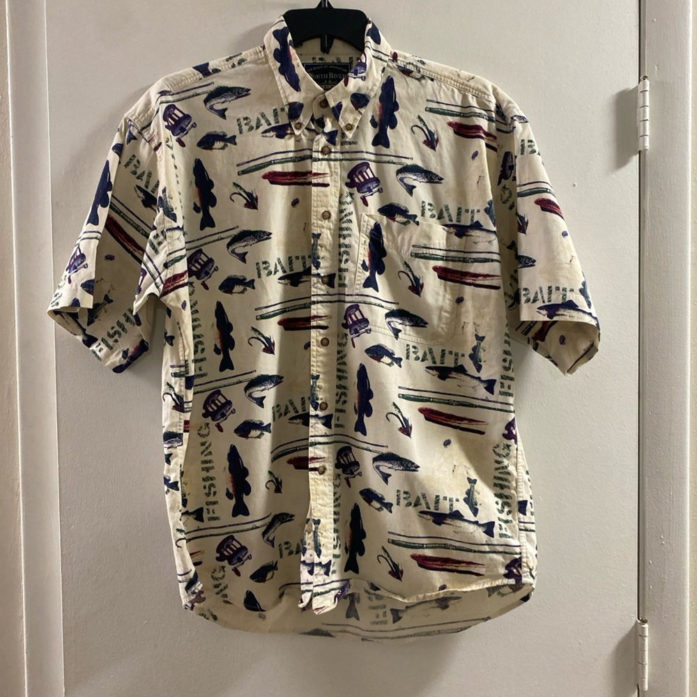 Men's Beige Fishing‎ Print Button Down Shirt
